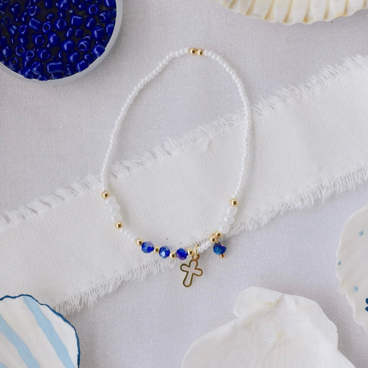 Blue and White Cross Charm Bracelet