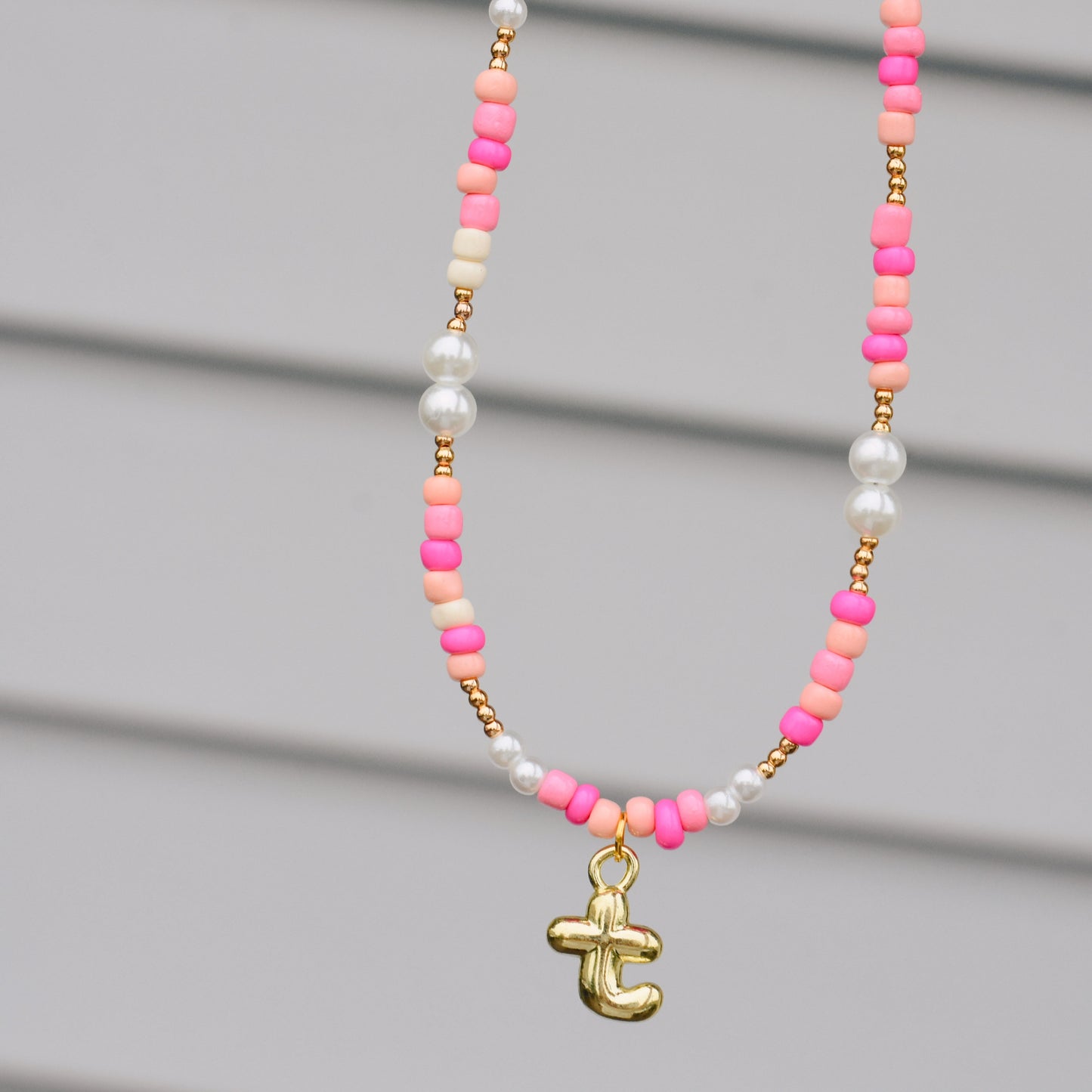 Pink Beaded Initial Necklace