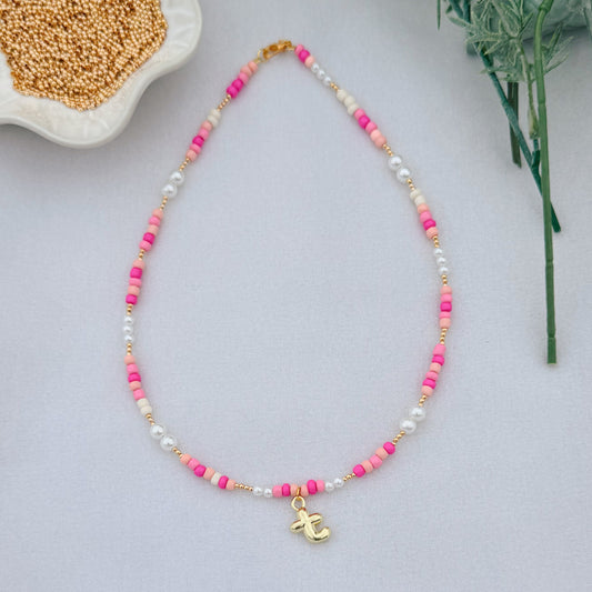 Pink Beaded Initial Necklace