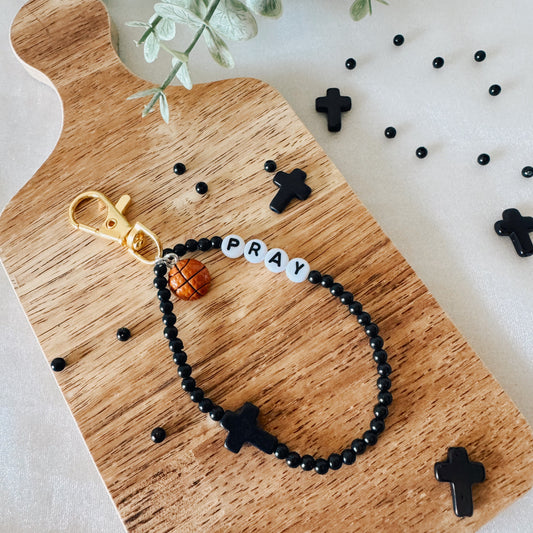 Black and White Pray Basketball Keychain